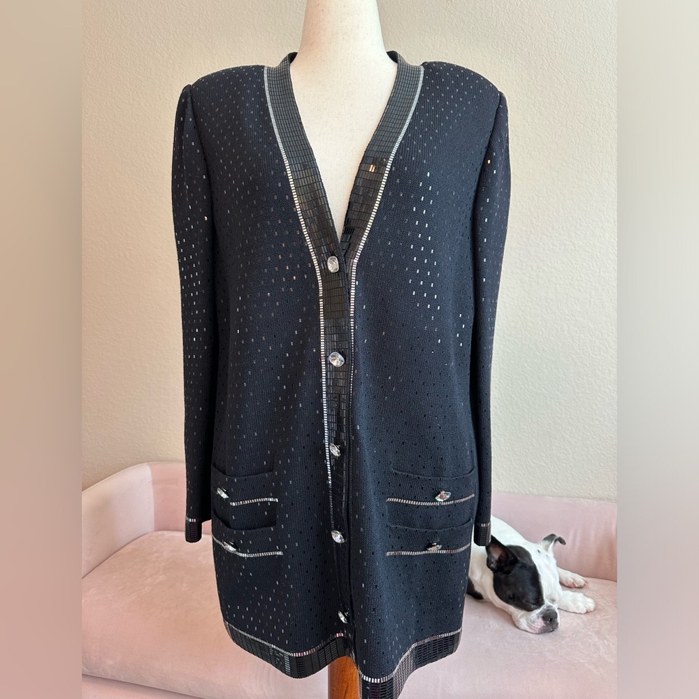 St. John Evening black sequined dressy knit jacket. Large crystal jewel buttons.